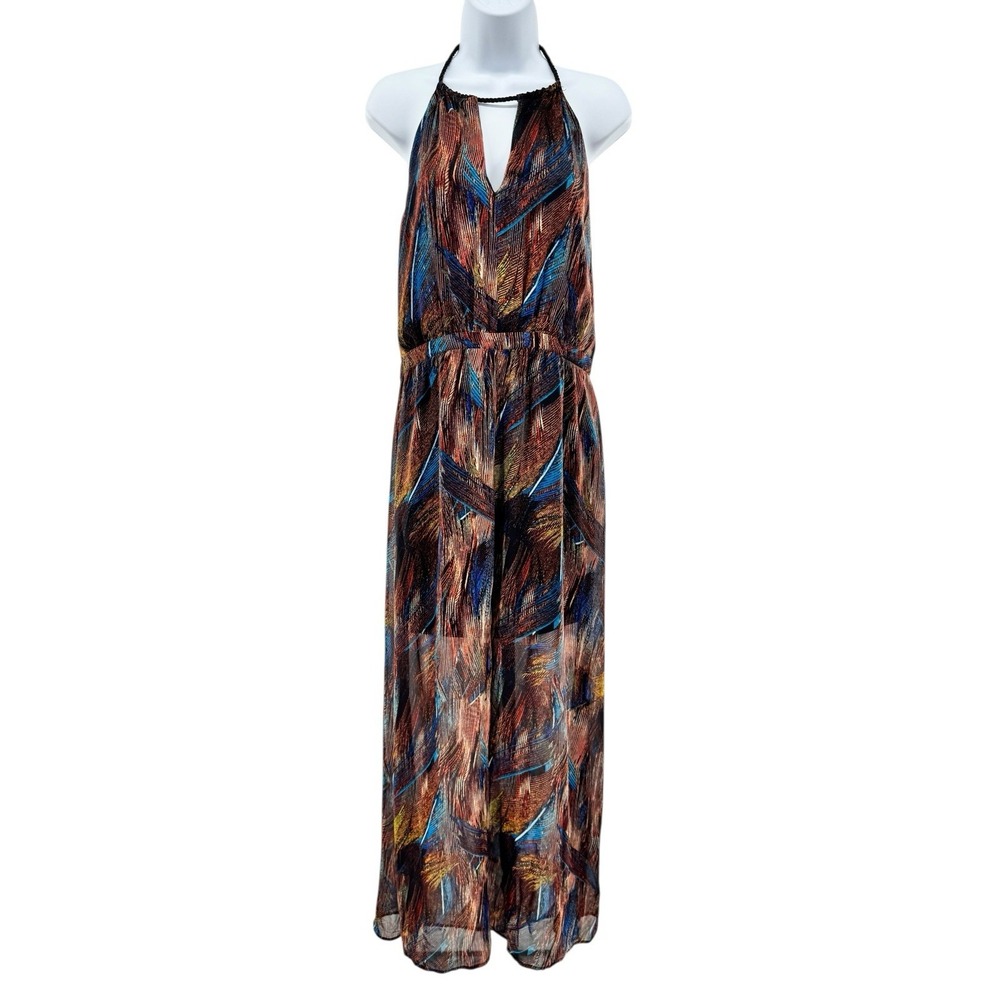 GUESS Jet Black Multi Maxi Dress Size L NWT Halter Neck Backless Boho Glam